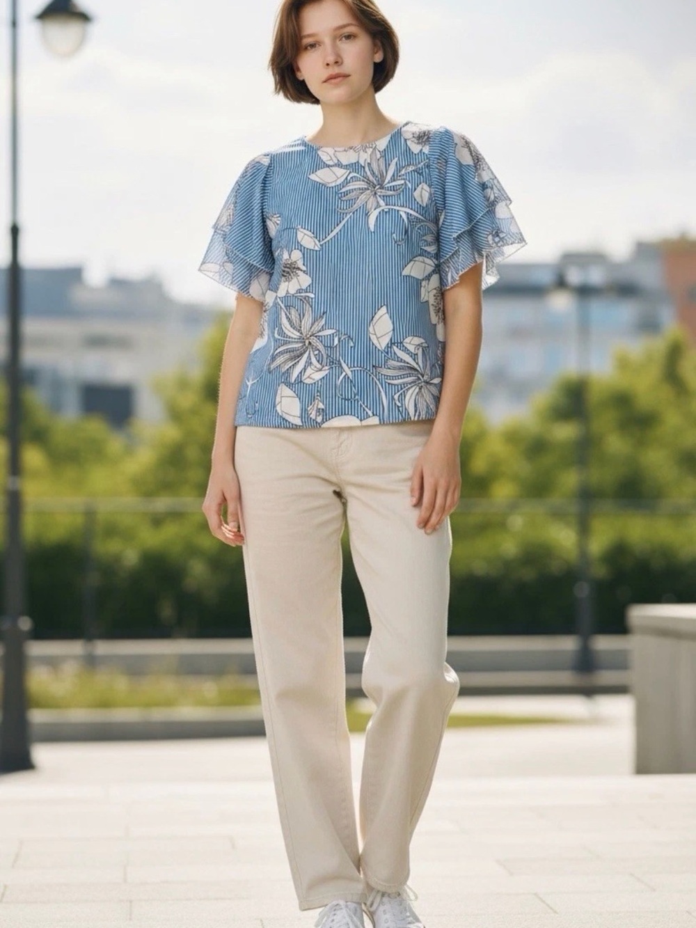 Floral Stripe Flutter-Sleeve Blouse in Blue